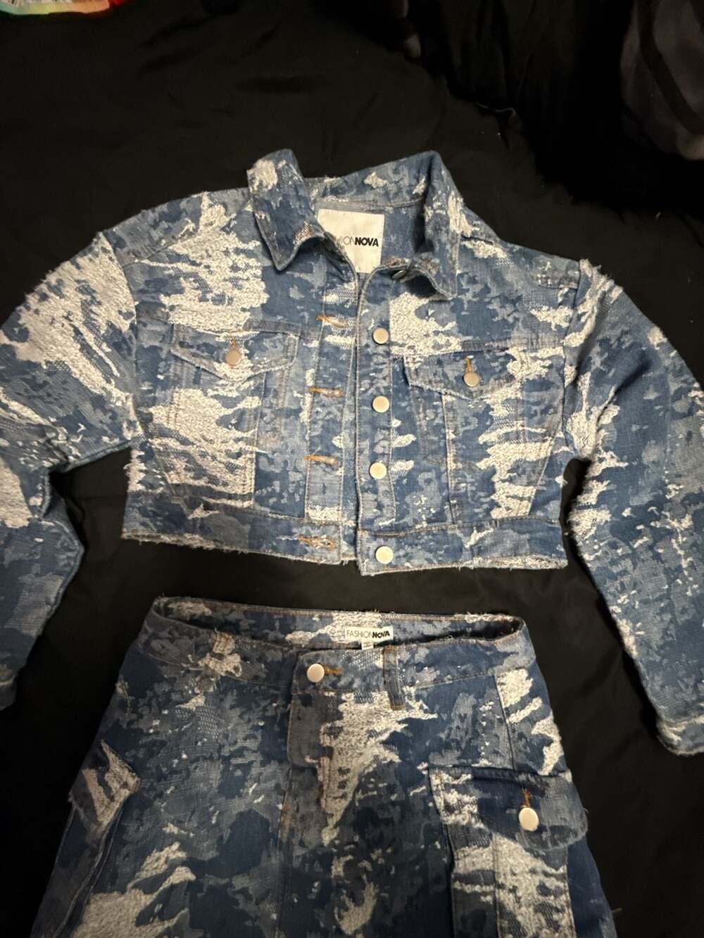 Fashion Nova Distressed Jacquard Denim Cropped Jacket and Mini Skirt Set